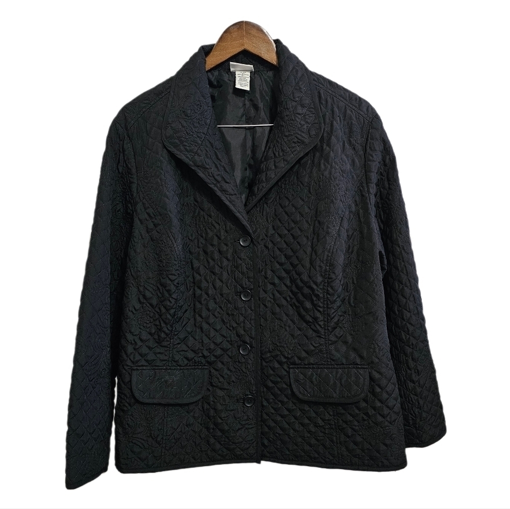 Quilted black light weight button mock pockets jacket Plus size 16